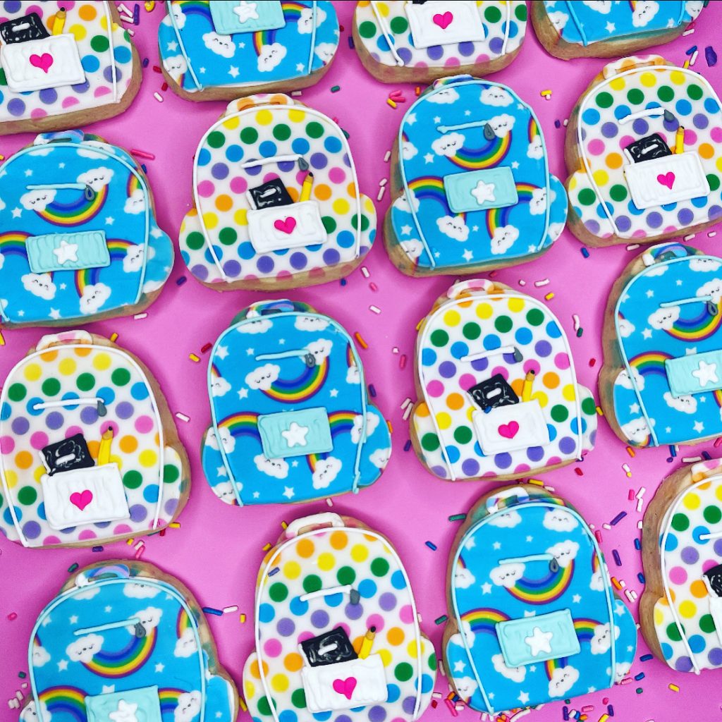 Rainbow and polka dot backpack cookies Hayley Cakes and Cookies