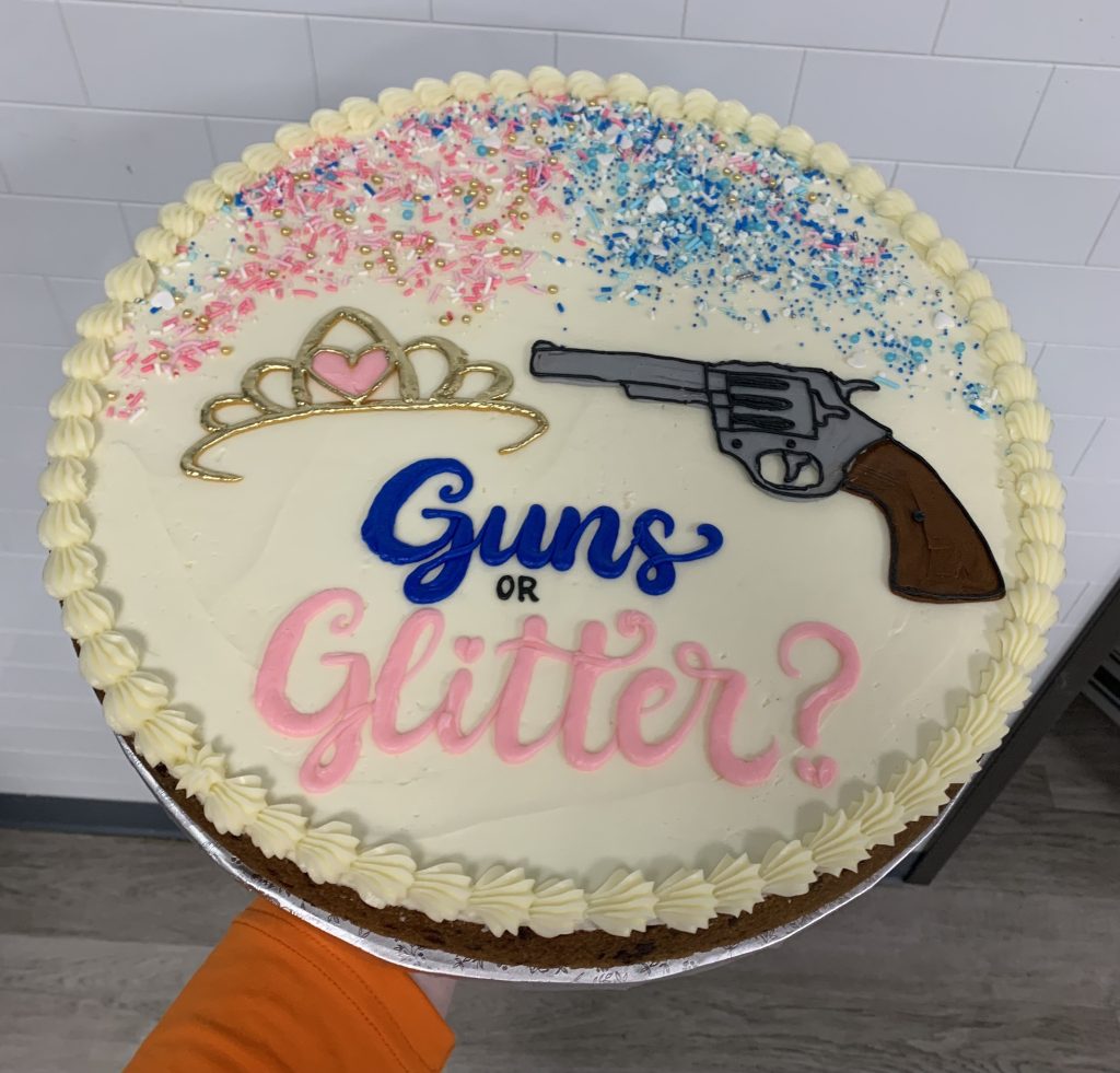 Guns or Glitter Gender reveal cookie cake Hayley Cakes and Cookies