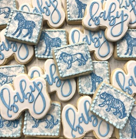blue and white classic animal baby shower cookies