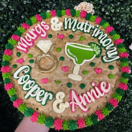 Margs and matrimony, engagement party cookie cake
