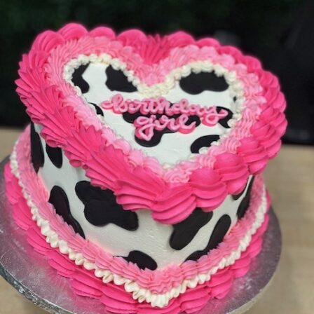 Cow print heart cake